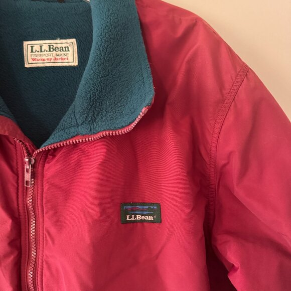 VTG LL Bean Warm Up Jacket Mens L Freeport Maine Red Exterior Green Fleece Inter - Picture 3 of 7